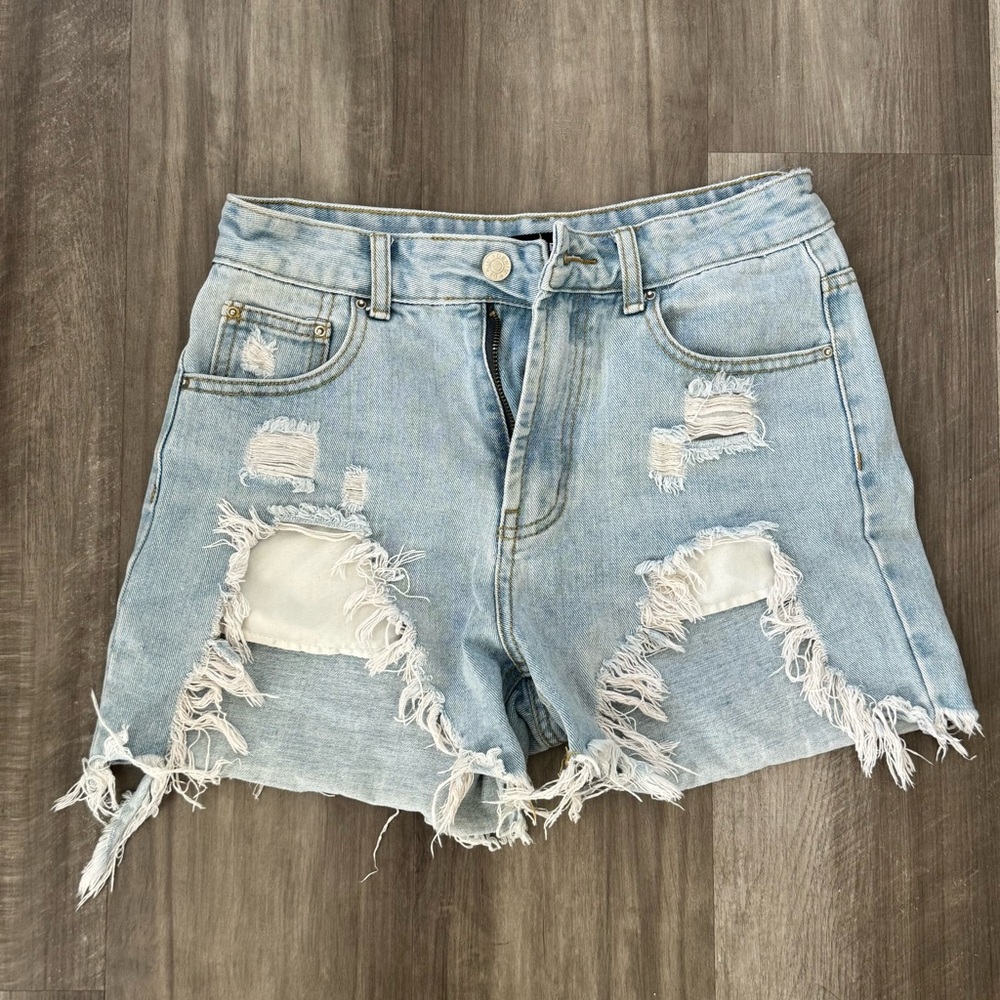 Distressed Light Blue Denim Shorts